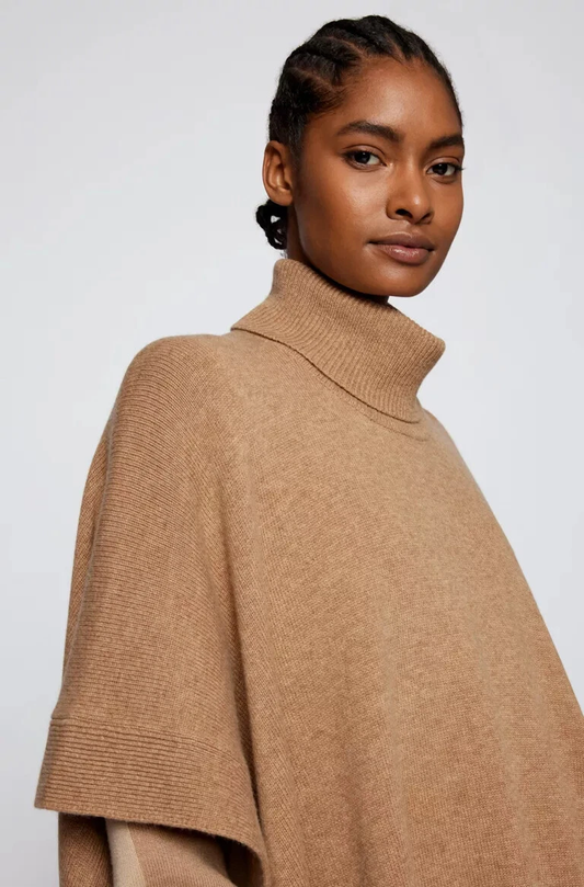1010 SIZE:OSFM (UP TO SIZE 2X) HUGO BOSS MUSHROOM HIGH NECK PONCHO W/RIBBED TRIM 90%WOOL | 10%CASHEMERE NWOT RTL:$169.99