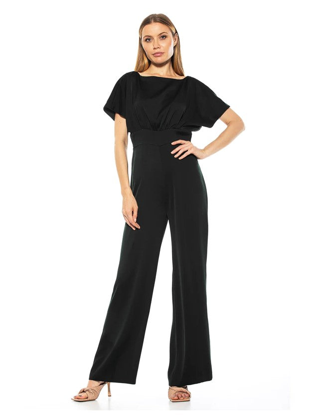 0123 SIZE:8 ALEXIA ADMOR BLACK SHORT SLV WIDE LEG JUMPSUIT W/BACK BUTTON CLOSURE, OPEN BACK, AND EXPOSED BACK GOLD ZIPPER RTL:$105.00