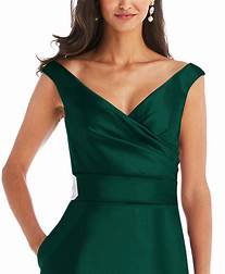 0726 SIZE:10 ALFRED SUNG HUNTER GREEN SLVLSS GOWN W/WIDE SKIRT, CONCEALED BACK ZIPPER, AND CROSS PLEATED V-NECKLINE NWOT RTL:$239.00