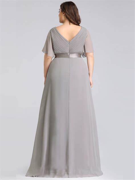 0526 SIZE:16 EVER PRETTY GRAY FLUTTER SLV EVENING GOWN W/RUCHING AT BODICE, V-NECK, V-BACK, CONCEALED BACK ZIPPER, SATIN EMPIRE WAIST AND SWING SKIRT RTL:$66.99