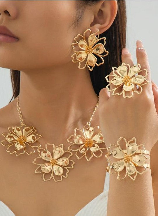 0412 GOLD EXAGGERATED FLORAL FOUR-PIECE SET: NECKLACE, ADJUSTABLE RING, CUFF, AND EARRINGS (PIERCED EARS) NWOT