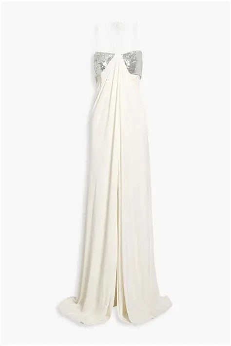 0810 SIZE:12 HALSTON EGGSHELL SPAGHETTI STRAP LAYERED JUMPSUIT W/WIDE LEG, DUSTER OVERLAY, SILVER SEQUIN BANDEAU, CONCEALED BACK ZIPPER CLOSURE, AND EXPOSED SIDES RTL:$595.00