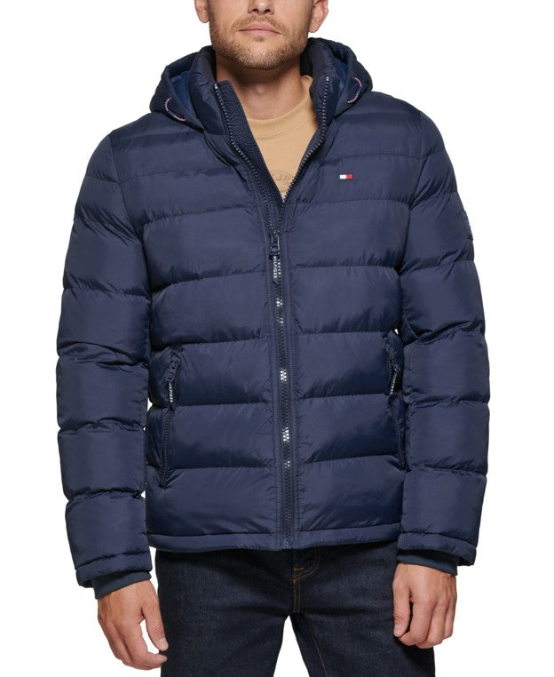 0808 SIZE:L TOMMY HILFIGER NAVY LNG SLV PUFFER COAT W/SIDE ZIPPERED POCKETS, COOR. BELT, FRONT ZIPPER CLOSURE, AND HOOD