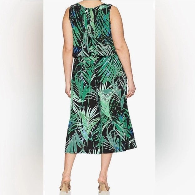 0808 SIZE:16 LONDON TIMES GREEN&BLACK PALM LEAF PATTERN SLVLSS JUMPSUIT W/HALTER NECKLINE, CONCEALED BACK ZIPPER CLOSURE, KEYHOLE DETAIL, FLOUNCE TOP AND COOR BELT RTL:$39.99