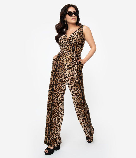 1010 SIZE:1X MICHAEL KORS BROWN LEOPARD PRINT SLVLSS WIDE LEG JUMPSUIT W/CONCEALED BACK  ZIPPER CLOSURE, V-NECK AND COOR BELT