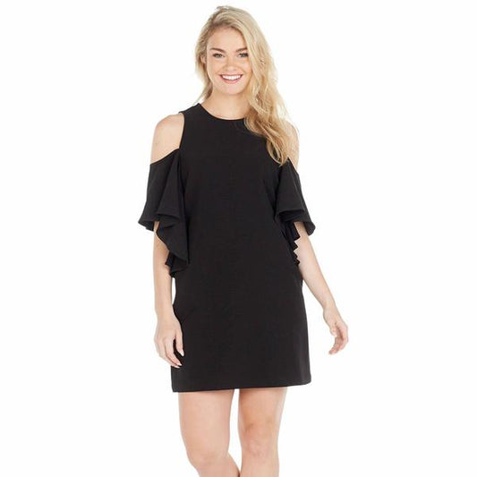 1011 SIZE:M MUDPIE BLACK DYNAMIC SLV COLD SHOULDER "BIRDIE" RUFFLE DRESS W/SCOOP NECK AND BACK BUTTON CLOSURE NWT RTL:$49.99