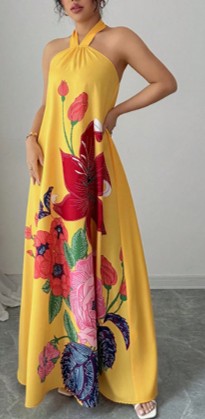 0808 SIZE:XL SHEIN MARIGOLD HALTER SLVLSS MAXI DRESS W/BACK TIE, LARGE FLORAL PATTERN AT FRONT PANEL AND OPEN BACK