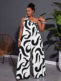 0726 HEAD TURNER BLACK&WHITE ABSTRACT SWOOP PATTERN ONE SHOULDER WIDE LEG JUMPSUIT W/ELASTIC SHOULDER AND STRAP NWOT RTL:$49.99