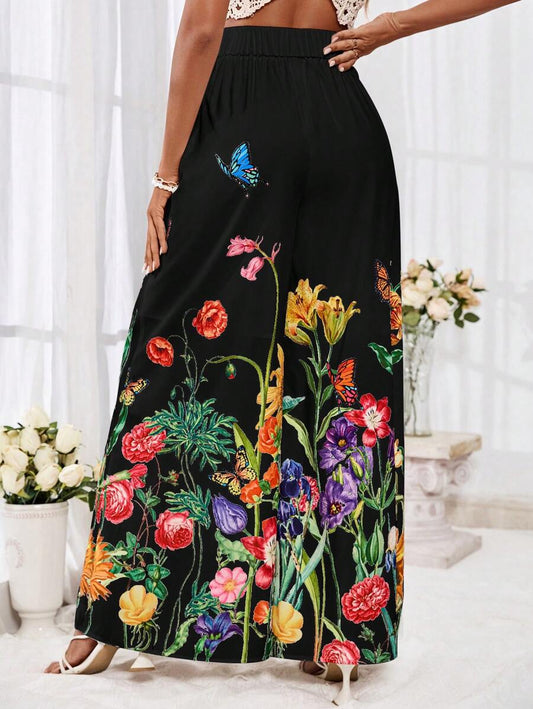 0629 BLACK AND MULTI-COLORED FLORAL & BUTTERFLY WIDE LEG TROUSERS W/HIGH WAIST, AND SIDE ZIPPER CLOSURE NWOT RTL:$39.99