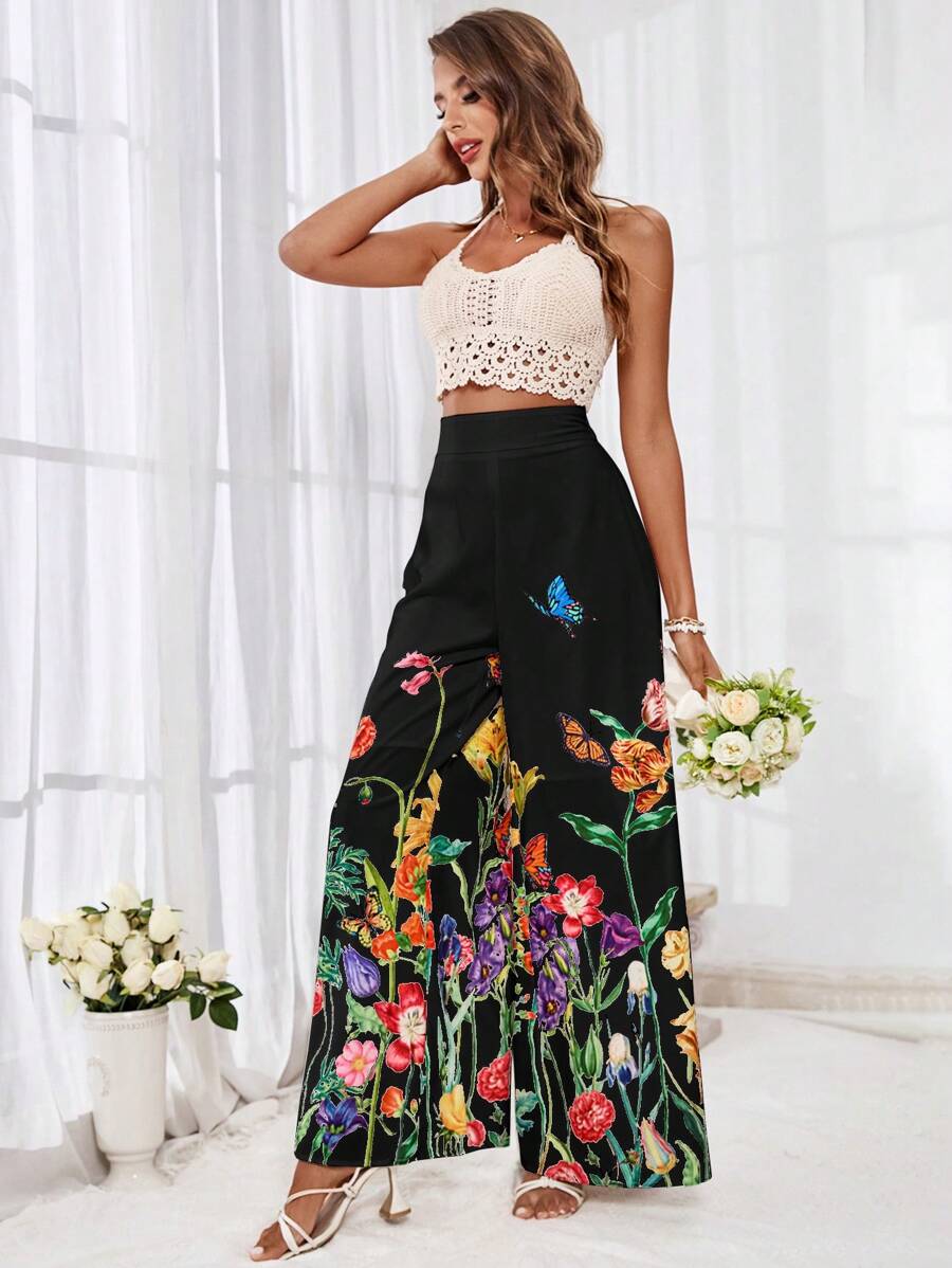 0629 BLACK AND MULTI-COLORED FLORAL & BUTTERFLY WIDE LEG TROUSERS W/HIGH WAIST, AND SIDE ZIPPER CLOSURE NWOT RTL:$39.99