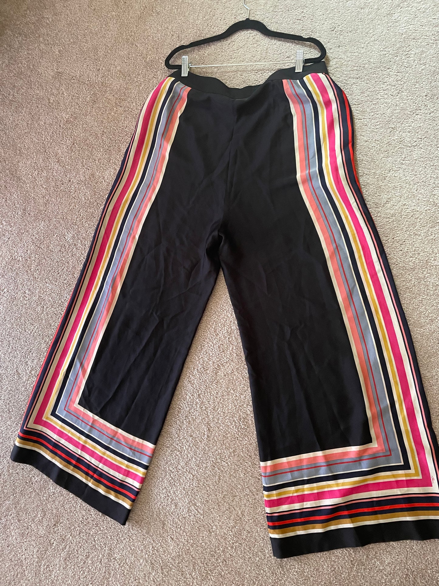 0809 SIZE:16 TRINA TURK BLACK WIDE LEG TROUSERS W/FLAT WAIST AND RAINBOW STRIPE ACCENTS AT SIDES AND HEM INSEAM:30" RTL:$238.00