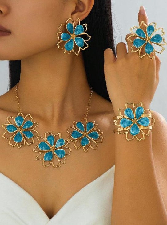 0412 TURQUOISE & GOLD EXAGGERATED FLORAL FOUR-PIECE SET: NECKLACE, ADJUSTABLE RING, CUFF, AND EARRINGS (PIERCED EARS) NWOT