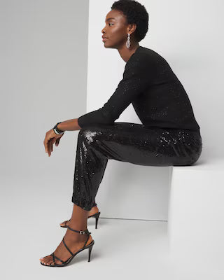0627 SIZE:S WHBM BLACK SEQUIN ENCRUSTED JOGGERS W/ELASTIC WAIST RTL:$79.99