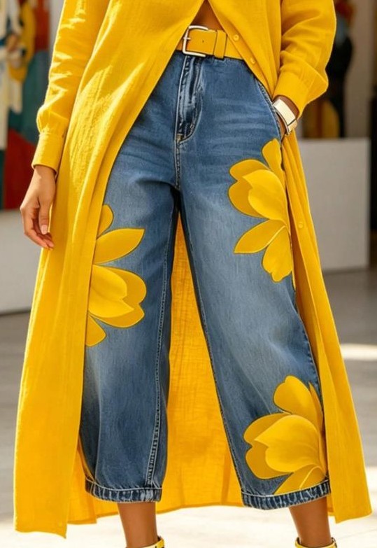 0627 SIZE:L(XL) DENIM PRINTED TROUSERS W/EXAGGERATED GOLD FLORAL PRINTER OVERLAY, SIDE POCKETS AND FRONT BUTTON & ZIPPER CLOSURE NWOT RTL:$39.99