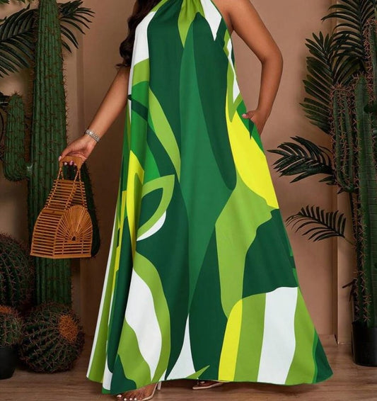 0625 MULTI-GREEN RETRO PATTERN HIGH NECK SLVLSS MAXI DRESS W/BACK BUTTON CLOSURE AND POCKETS RTL:$26.00