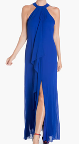 1010 SIZE:L MEGHAN LA ELECTRIC BLUE SLVLSS DRESS W/COLLARED NECKLINE, CONCEALED BACK ZIPPER CLOSURE, LAYERED BODICE AND SIDE SLIT NWT RTL:$379.00