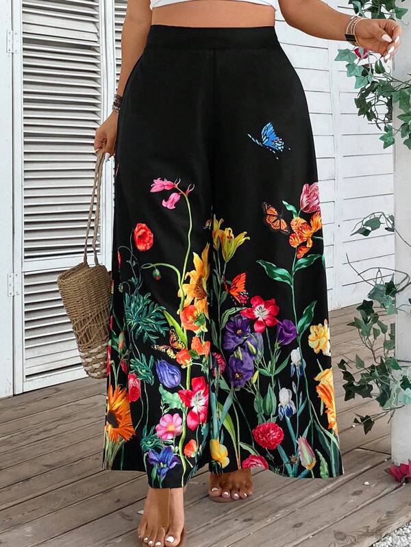 BUTTERFLY GARDEN WIDE LEG PALAZZO PANTS WITH ELASTIC BACK WAIST, FLAT FRONT WAIST AND SIDE ZIPPER CLOSURE