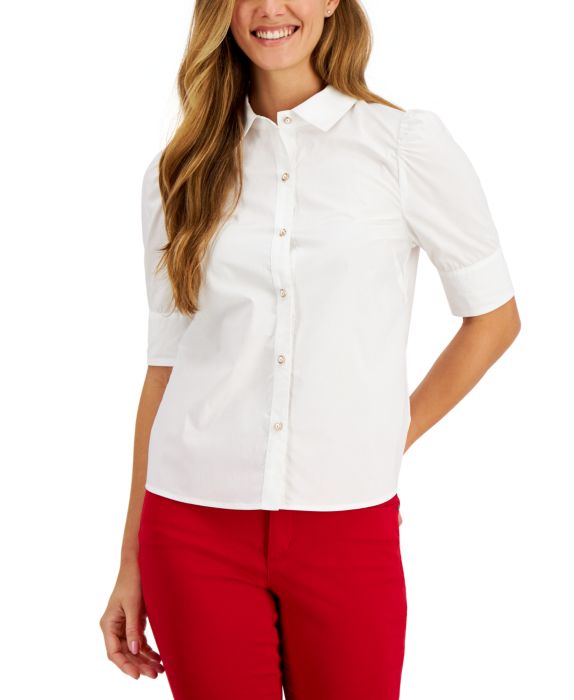 1206 CHARTER CLUB WHITE SHORT SLV PUFF SHOULDER BLOUSE W/FAUX PEARL BUTTON DOWN FRONT AND FLAT COLLAR NWT RTL:$69.50