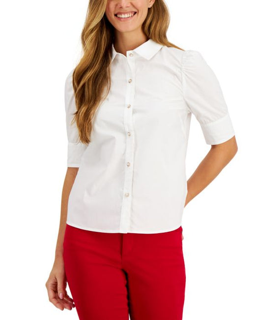 1206 CHARTER CLUB WHITE SHORT SLV PUFF SHOULDER BLOUSE W/FAUX PEARL BUTTON DOWN FRONT AND FLAT COLLAR NWT RTL:$69.50