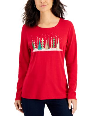 1206 SIZE:S KAREN SCOTT BLACK LNG SLV BLOUSE W/CHRISTMAS TREES NWT RTL:$36.50