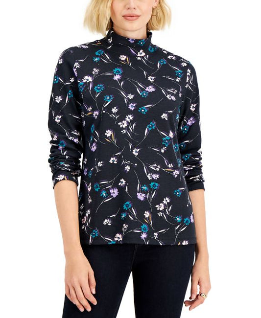 1224 SIZE:M KAREN SCOTT BLACK FLORAL PRINT LNG SLV MOCK NECK TOP NWT RTL:$14.99