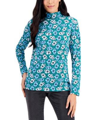 1201 KAREN SCOTT MARINE GREEN MITTEN MADNESS PATTERN MOCK NECK LNG SLV TOP NWT RTL:$14.99