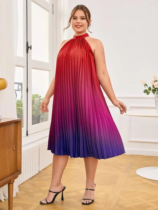 1022 SIZE:2XL SHEIN RED,FUCHSIA&PURPLE OMBRE PLEATED SLVLSS HALTER DRESS W/TIE AT BACK & KEYHOLE DETAIL NWOT RTL:$39.99