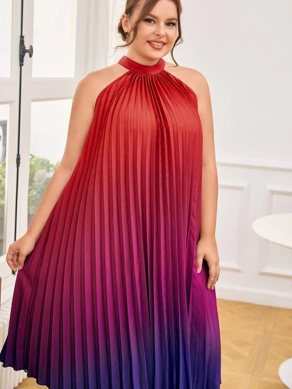 1022 SIZE:2XL SHEIN RED,FUCHSIA&PURPLE OMBRE PLEATED SLVLSS HALTER DRESS W/TIE AT BACK & KEYHOLE DETAIL NWOT RTL:$39.99
