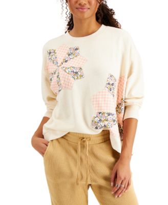 1205 SIZE:M STYLE&CO BEIGE LNG SLV SWEATSHIRT W/PINK PLAID & FLORAL PATTERN PINWHEEL NWT RTL:$59.50