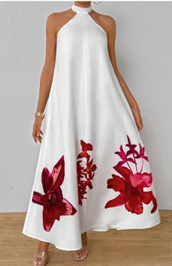 SIZE:8/10 SHEIN WHITE HALTER WIDE SKIRT MAXI DRESS W/OPEN BACK AND FUCHSIA FLORAL PATTERN AT HEM