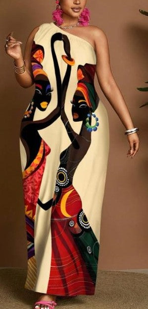 0412 AFRICAN DIVA DUO ONE SHOULDER WIDE LEG JUMPSUIT ON CREAM BACKGROUND NWT RTL:$24.99 **THIS ITEM WILL SHIP APPROX. 2 WEEKS FROM ORDER PLACEMENT**