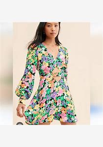 0808 SIZE:L AFRM MULTI-COLORED FLORAL PATTERN MERION NEON GARDEN MINI DRESS W/SHORT SLVS, V-NECK, CUT OUT AT FRONT PANEL AND BACK BUTTON CLOSURE RTL:$170.00