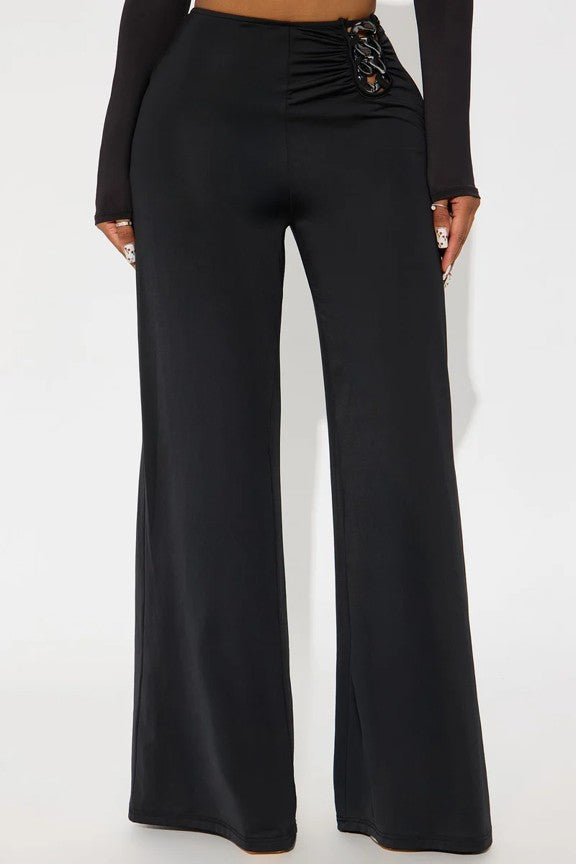 0810 SIZE:2X FASHION NOVA BLACK "WALK MY WAY" SLINKY BLACK PANTS W/SILVER METALLIC ACCENT AT WAIST AND SIDE ZIPPER CLOSURE NWT RTL:$32.99