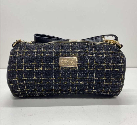 0613 BADGLEY MISCHKA NEW YORK BLACK&GOLD TWEED PLAID CROSSBODY W/GOLD HARDWARE AND OPEN INTERIOR