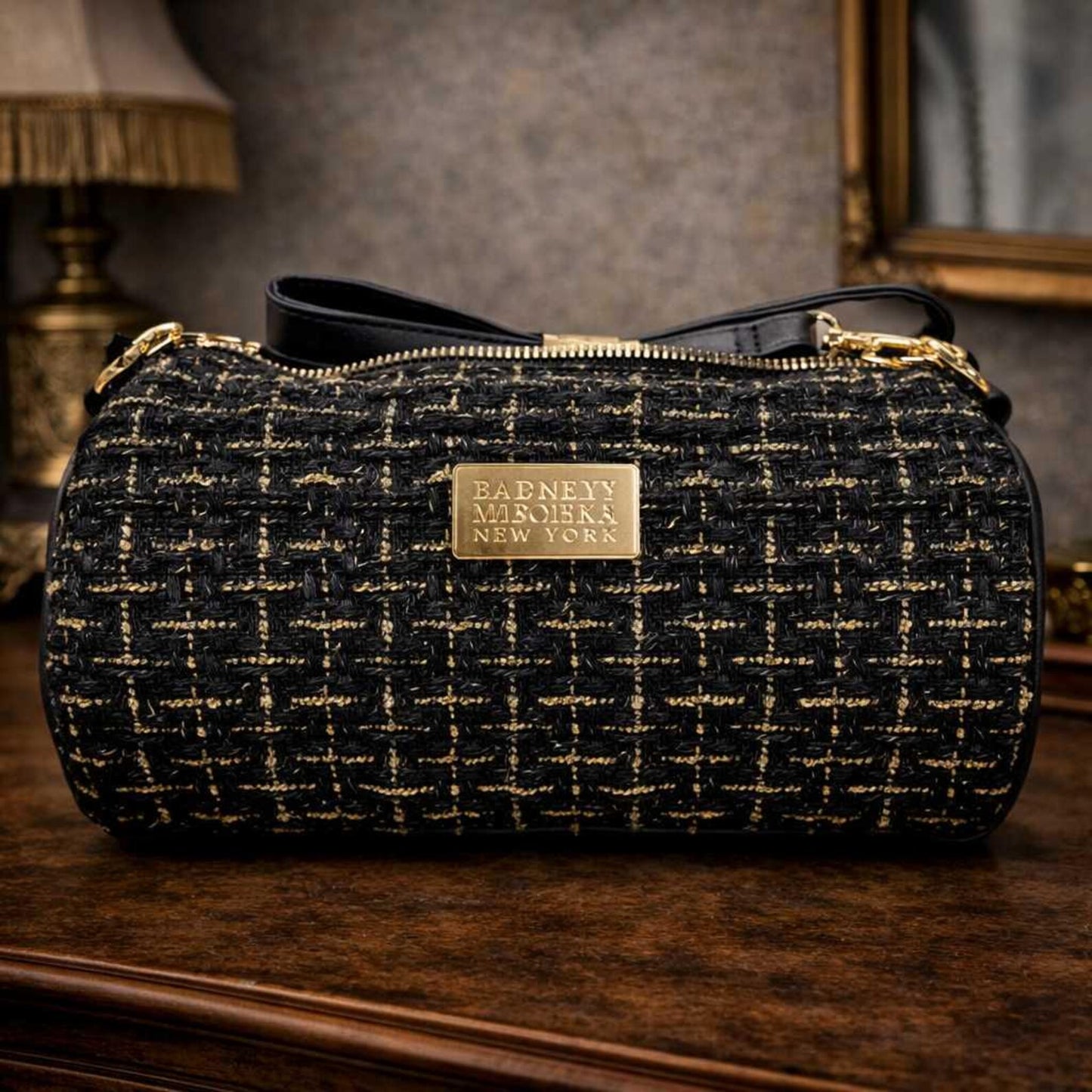 0613 BADGLEY MISCHKA NEW YORK BLACK&GOLD TWEED PLAID CROSSBODY W/GOLD HARDWARE AND OPEN INTERIOR