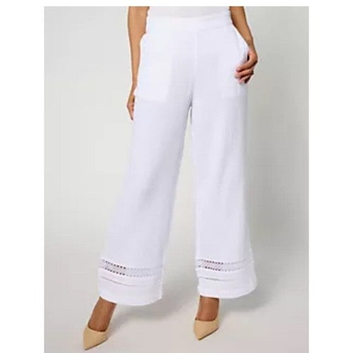 1009 SIZE:L BRIDGEHAMPTON WHITE WIDE LEG TROUSERS W/FLAT ELASTIC WAIST, SIDE POCKETS, AND EMBROIDERED HEM RTL:$32.00