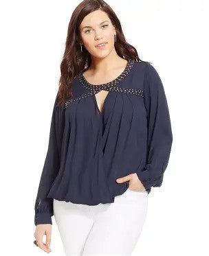 0820 SIZE:XXL CITY CHIC SMOKE SEMI-SHEER SLVLSS BLOUSE W/RIVET EMBELLISHMENTS AT NECKLINE AND SHOULDERS, DRAPED FRONT AND KEYHOLE DETAIL NWT RTL:$59.95