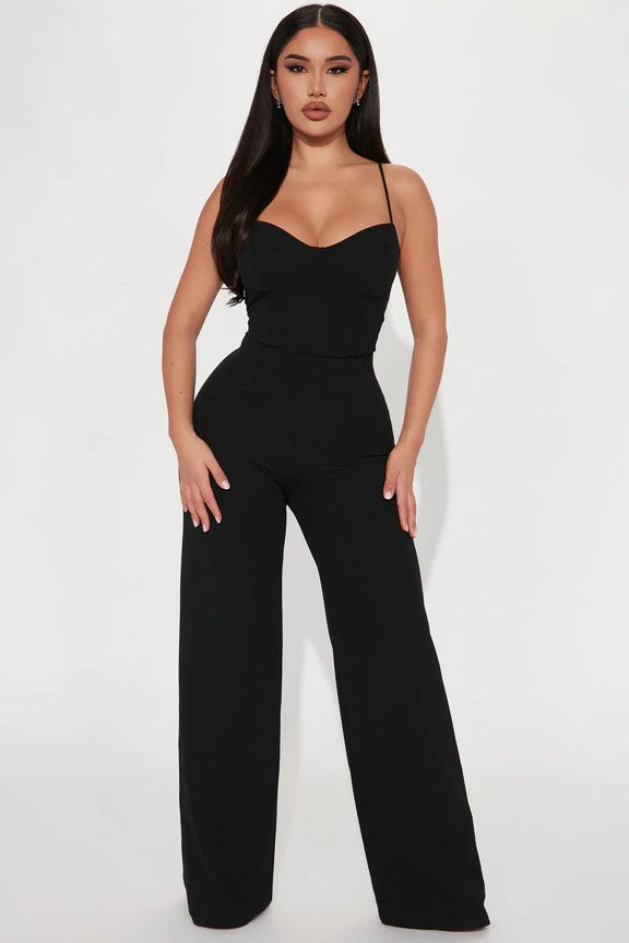 0810 SIZE:L FASHION NOVA BLACK "TAKING NOTES" JUMPSUIT W/SPAGHETTI STRAPS AND BUSTIER BODICE NWT RTL:$24.99
