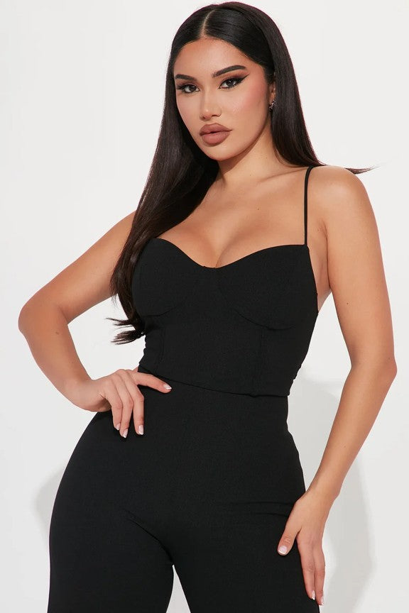 0810 SIZE:L FASHION NOVA BLACK "TAKING NOTES" JUMPSUIT W/SPAGHETTI STRAPS AND BUSTIER BODICE NWT RTL:$24.99