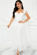0525 SIZE:L/XL FASHION NOVA WHITE TULLE MAXI DRESS W/BUSTIER BODICE, LAYERED TULLE SKIRT AND FEATHERED STRAPS NWT RTL:$89.99