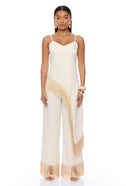 0525 SIZE:XL FASHION NOVA CREAM SATIN FINISH PANTSUIT W/GOLD FRINGE, ELASTIC WAIST, SIDE ZIPPER CLOSURE, ADJUSTABLE STRAPS, AND SOFTENED V-NECK NWT **TALL GIRL FRIENDLY**