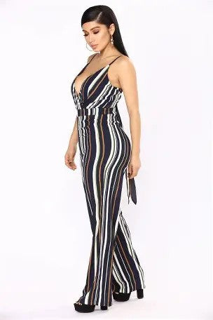 0808 SIZE:1X FASHION NOVA HYPED ON STRIPES NAVY,WHITE,GREEN&PINK JUMPSUIT W/ADJUSTABLE SPAGHETTI STRAPS, BACK TIE, CONCEALED BACK ZIPPER CLOSURE AND V-NECK NWT RTL:$49.99