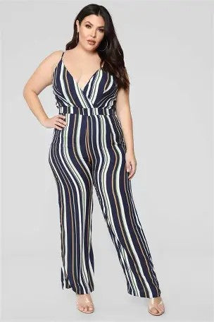 0808 SIZE:1X FASHION NOVA HYPED ON STRIPES NAVY,WHITE,GREEN&PINK JUMPSUIT W/ADJUSTABLE SPAGHETTI STRAPS, BACK TIE, CONCEALED BACK ZIPPER CLOSURE AND V-NECK NWT RTL:$49.99