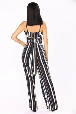0808 SIZE:1X FASHION NOVA HYPED ON STRIPES NAVY,WHITE,GREEN&PINK JUMPSUIT W/ADJUSTABLE SPAGHETTI STRAPS, BACK TIE, CONCEALED BACK ZIPPER CLOSURE AND V-NECK NWT RTL:$49.99