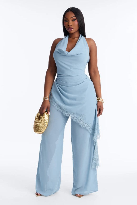 0627 SIZE:1X FASHION NOVA LIGHT BLUE DRAPED WIDE LEG JUMPSUIT W/OPEN BACK, HALTER NECKLINE, SIDE ZIPPER CLOSURE, AND DRAPING ACCENTS NWT RTL:$59.99