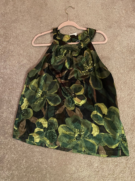 0809 SIZE:XL APT.9 GREEN CAMOUFLAGE AND FLORAL PATTERN SLVLSS BLOUSE W/HIGH NECK, SEQUIN ACCENTS AND BACK BUTTON CLOSURE