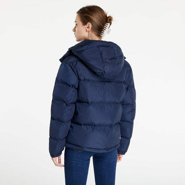 0808 SIZE:L TOMMY HILFIGER NAVY LNG SLV PUFFER COAT W/SIDE ZIPPERED POCKETS, COOR. BELT, FRONT ZIPPER CLOSURE, AND HOOD