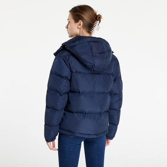 0808 SIZE:L TOMMY HILFIGER NAVY LNG SLV PUFFER COAT W/SIDE ZIPPERED POCKETS, COOR. BELT, FRONT ZIPPER CLOSURE, AND HOOD