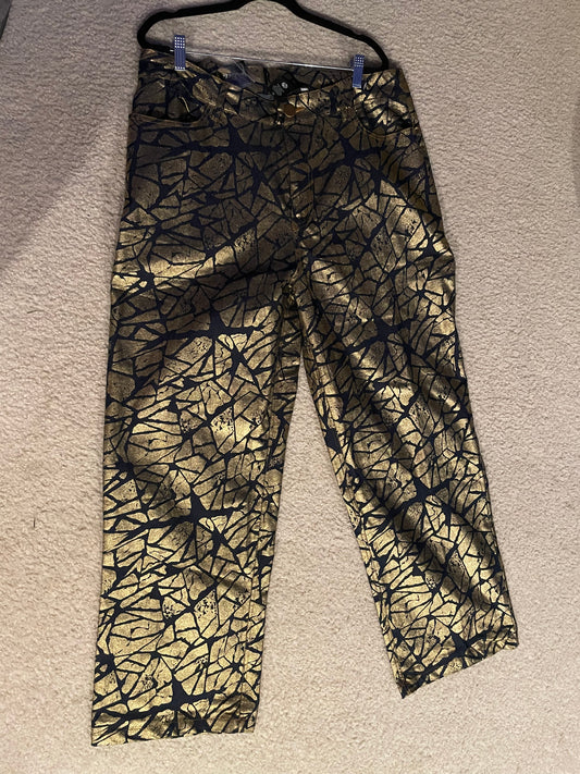 0809 SIZE:16 ASHLEY STEWART GOLD&BLACK CRACKED ICE PATTERN METALLIC TROUSERS W/SIDE POCKETS, FRONT BUTTON & ZIPPER CLOSURE AND OPEN BACK POCKETS NWT RTL:$49.99