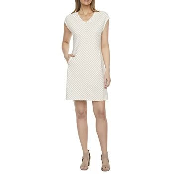 0808 SIZE:2X LIZ CALIBORNE BEIGE&WHITE CHEVRON PATTERN SLVLSS DRESS W/V-NECK AND SIDE POCKETS NWT RTL:$69.99